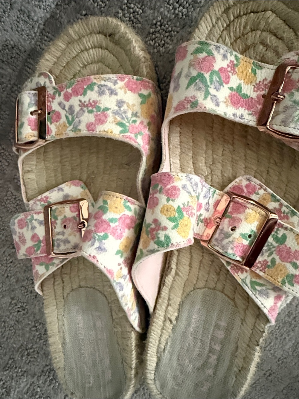 LoveShackFancy Floral Double Buckle Espadrille Slide Sandals in Pink and Yellow - Picture 4 of 5